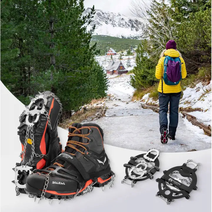 Stegjern med 13 tagger for fjellsko, nærbilde av brodder og kjettinger under sko på isete sti.