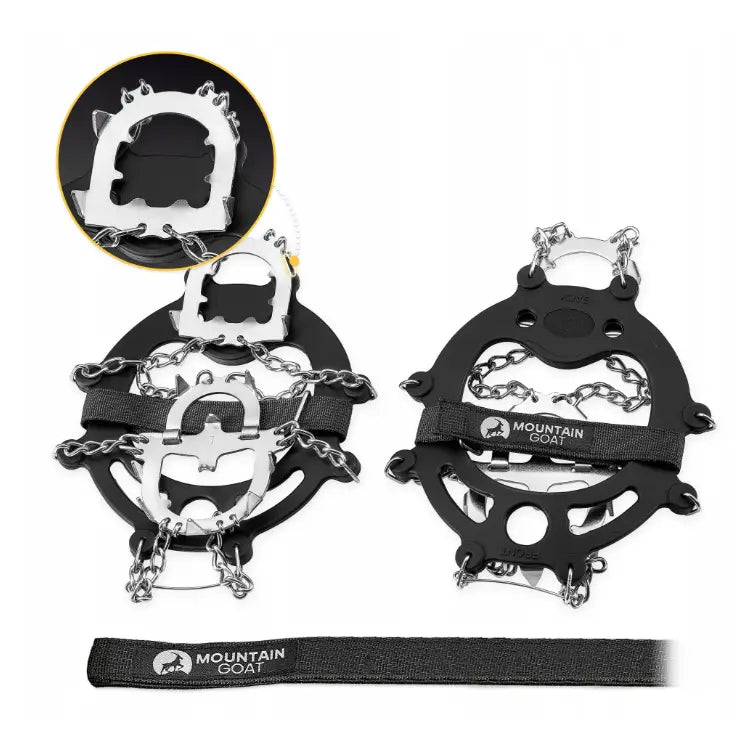 Stegjern med 13 tagger, sammenfoldet sort modell med synlige stålpigger, kjetting og elastisk logo-rem.