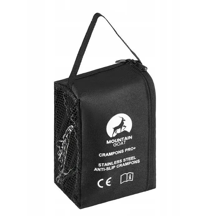 Stegjern med 13 tagger i sort oppbevaringsveske, synlig logo og metallkjeder gjennom netting på siden.