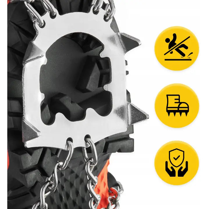 Stegjern med 13 tagger, sidevisning på fjellsko med stålpigger og metallkjeder, tre gule ikoner til høyre.