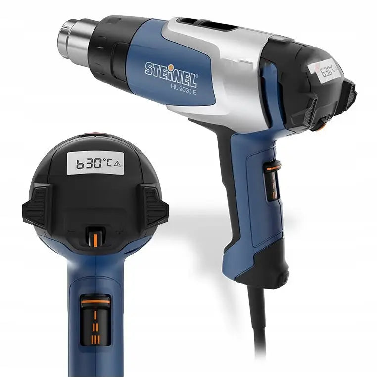 Steinel varmluftspistol med LCD, blå og sølv, side- og bakvisning med digitalt display satt til 630°C.