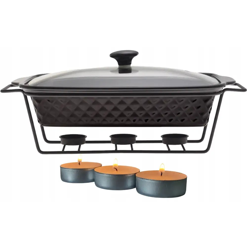 Stekeform 24L i sort keramikk med diamantmønster, glasslokk og varmeholder for telys under stativet.
