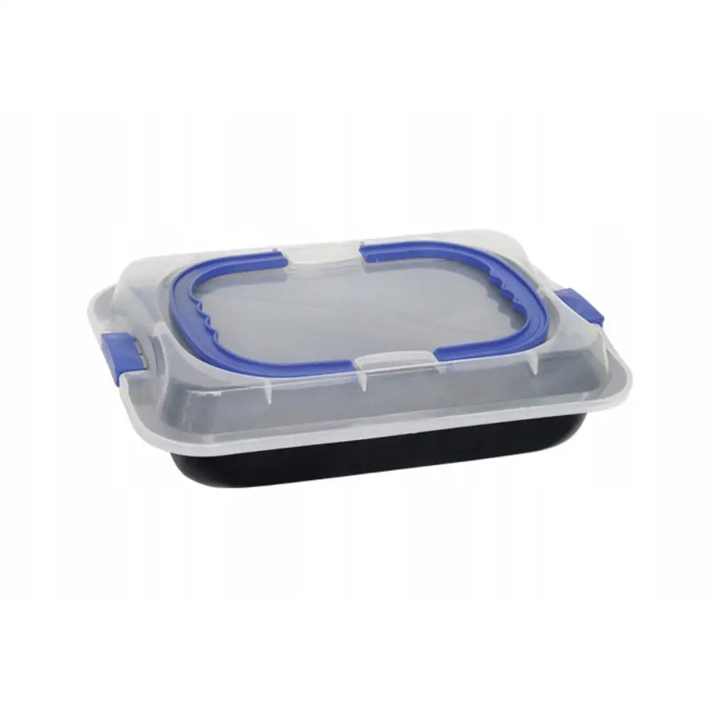 Stekeform med lokk Kinghoff, rektangulær plastboks med blå låseklips og gjennomsiktig lokk med silikonpakning.