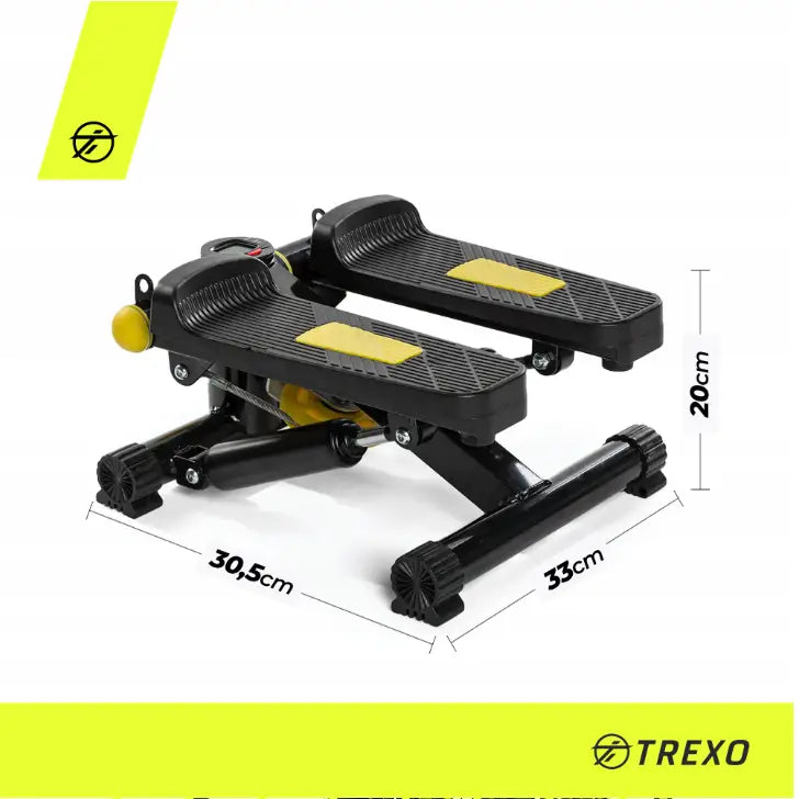 Stepper Fitness Til Aerobic Trening, sort og gul modell fra skrå vinkel med synlige mål på overflaten.