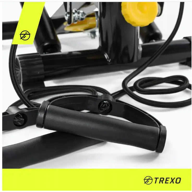 Stepper Fitness Til Aerobic Trening, nærbilde av sort plasthåndtak med strikk, metallramme og gul justeringsknapp.