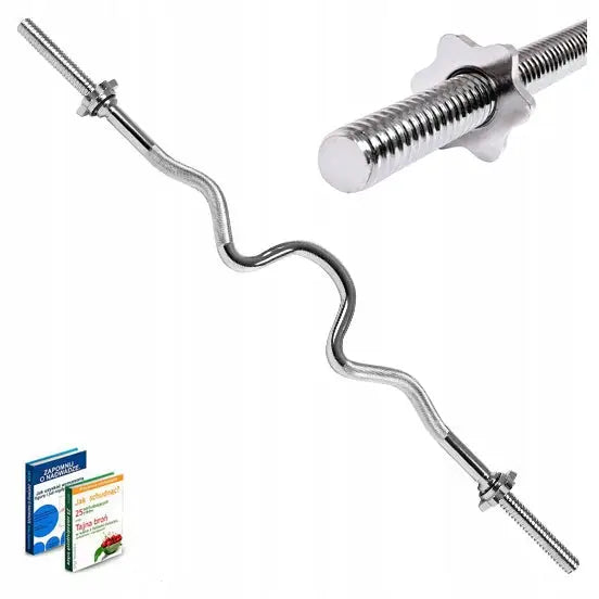 Curlstang i sølvfarget metall, skrå oversiktsvisning med riflete grep og låseskruer, to bøker nederst til venstre.