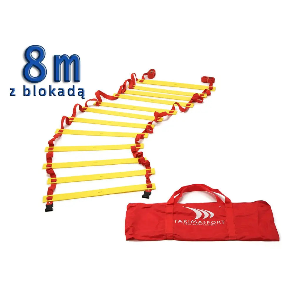 Stige for koordinering 8 m, gul treningsstige med røde bånd og rød bæreveske sett ovenfra mot hvit bakgrunn.