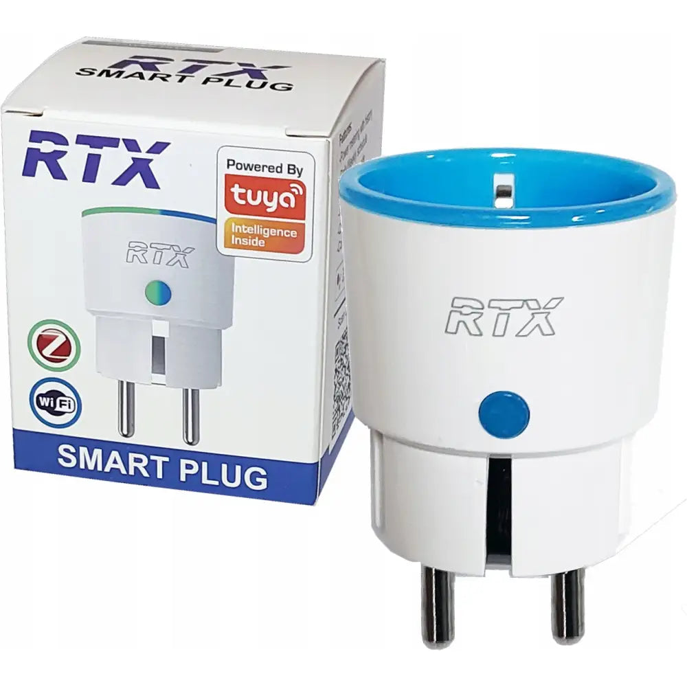 Hvit smartplugg med blå detalj og RTX-logo, vist skrått foran original emballasje med produktinformasjon.