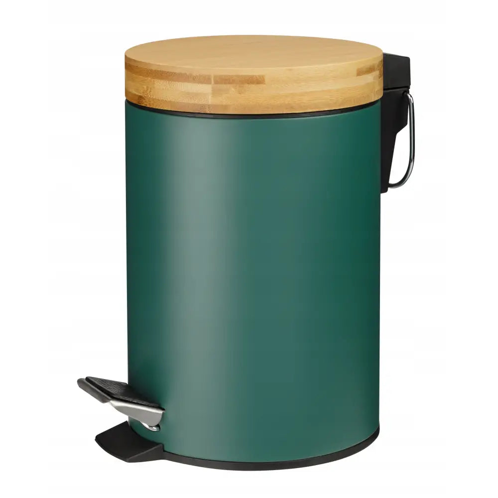Metallisk avfallskurv 3L i flaskegrønn, sidevisning med lyst trelokk, fotpedal og sort bakhåndtak.