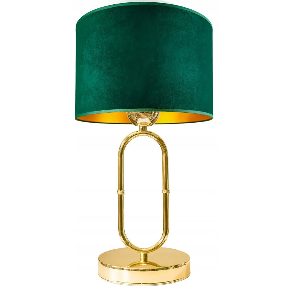 Stilig gullfarget nattbordslampe med mørkegrønn fløyelskjerm og gyllen innside, fotografert forfra.
