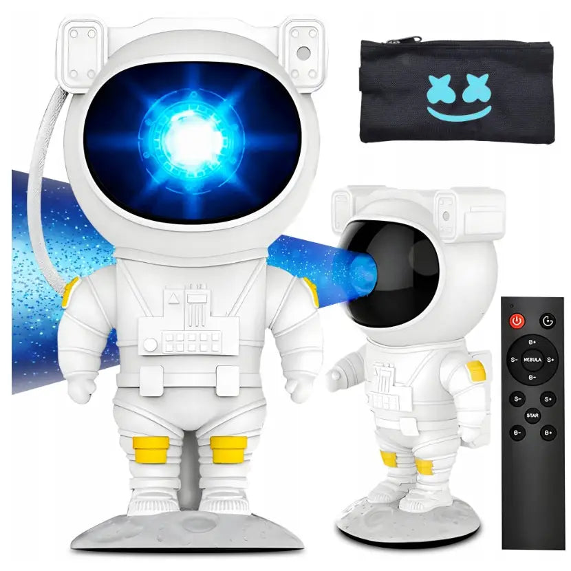 Stjernehimmel projektor, hvit astronaut med blått lys i hjelmen, fjernkontroll og sort etui med smilefjes.