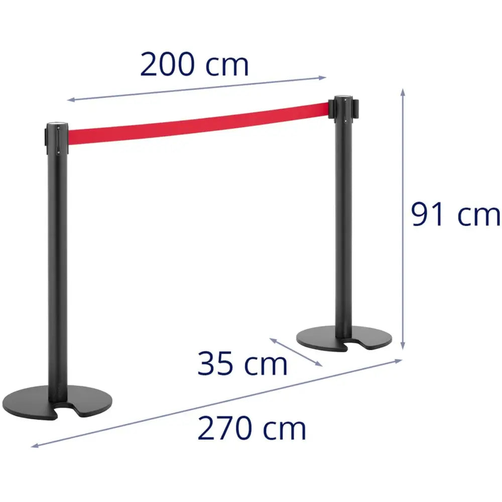 To svarte avsperringsstolper med rødt bånd, sidevisning med mål for høyde og avstand tydelig markert.