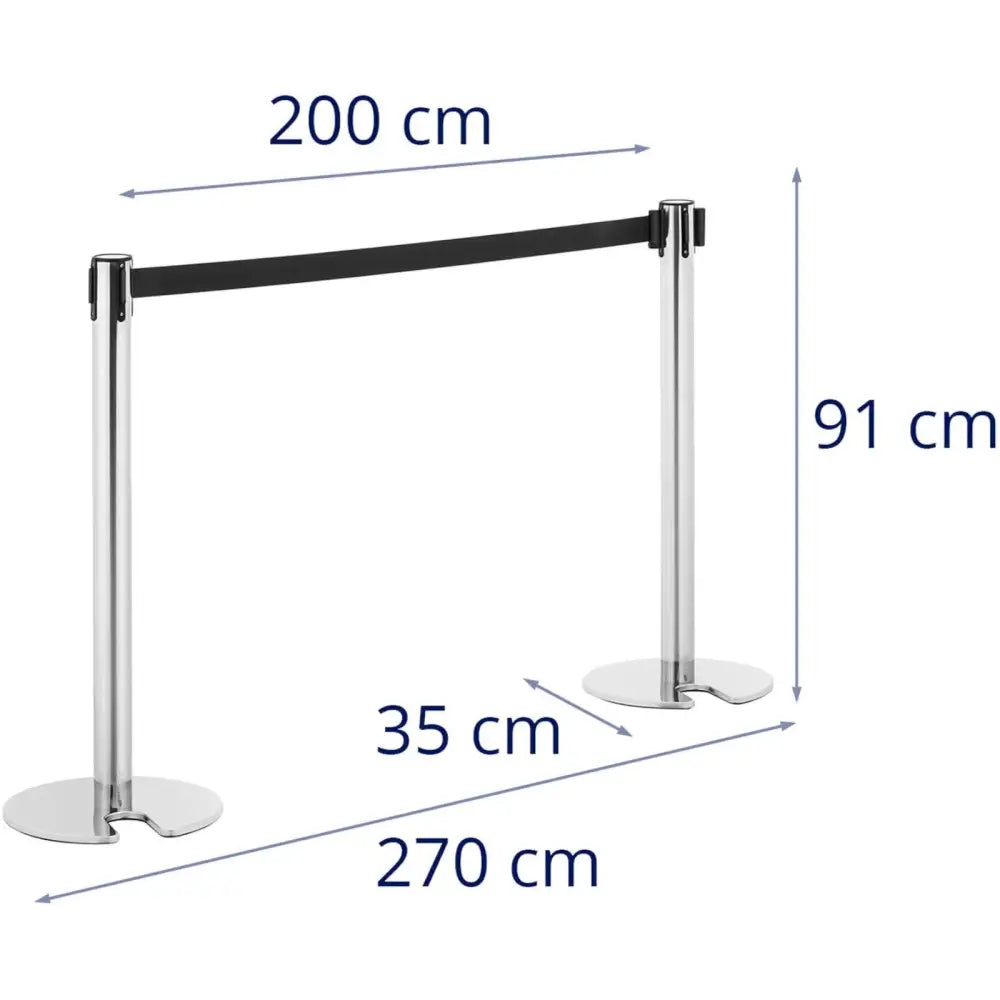 Stolpeavskjerming i sølv med svart bånd, to stolper fra siden med markerte mål for høyde og avstand.