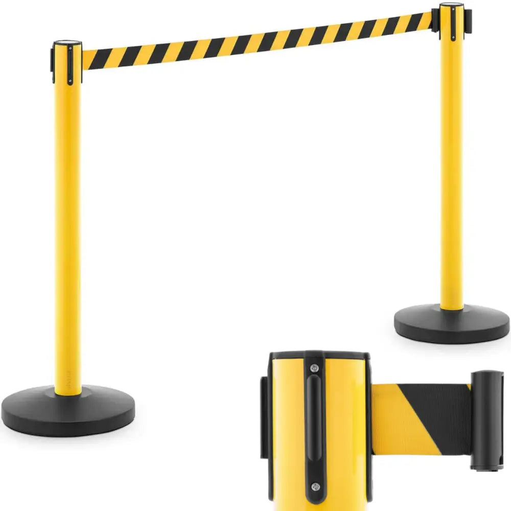 Stolpeavskjerming med to gule stolper, sort base og uttrekkbart svart-gult bånd, nærbilde av båndmekanisme.