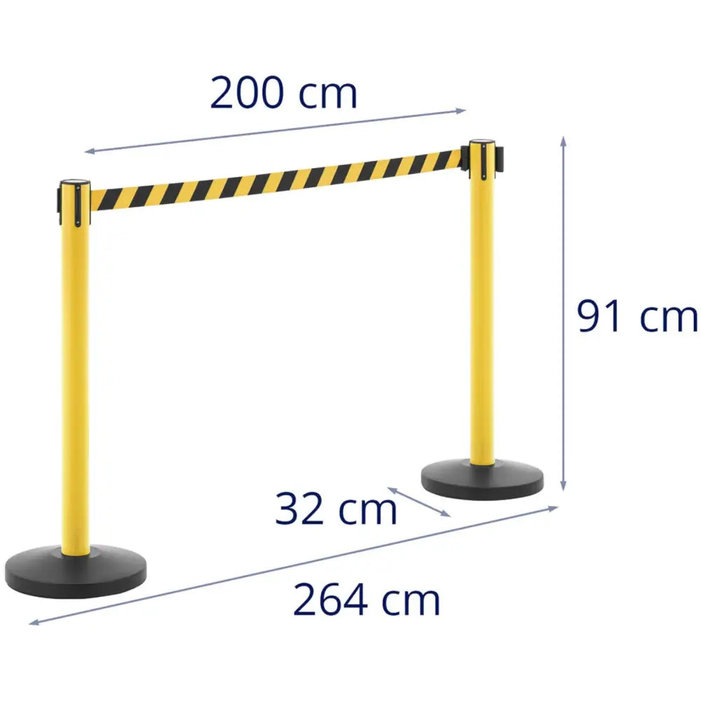 Gul og svart avsperringsstolpe med uttrekkbart bånd, vist forfra med mål for høyde og båndlengde.