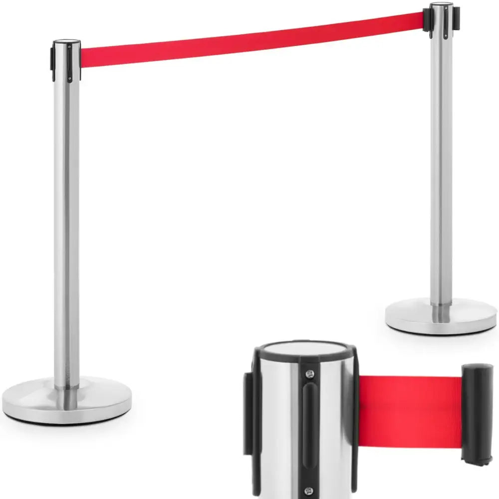 Stolpeavsperring hotell i sølv, to stolper med rødt bånd og detaljert visning av båndmekanismen.