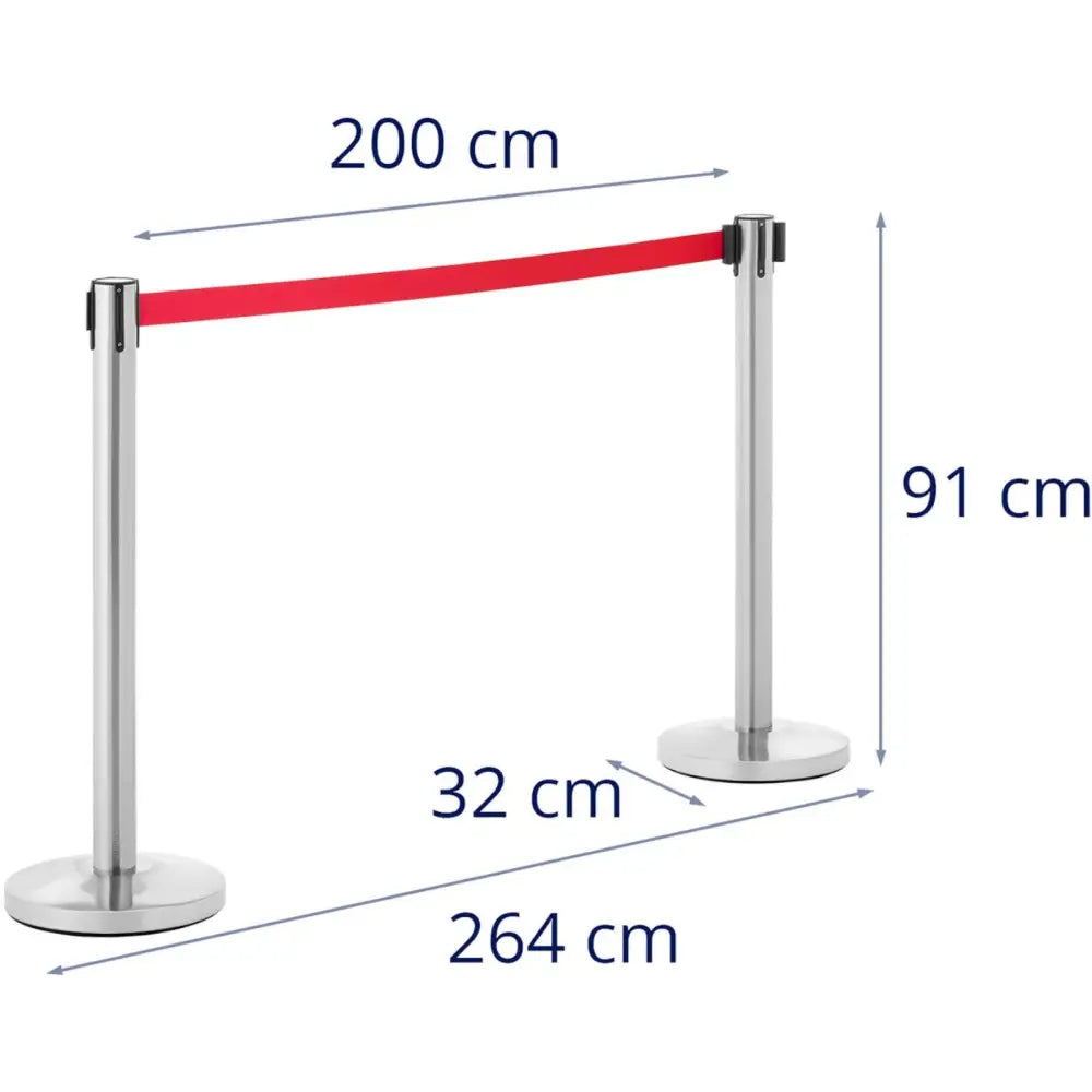 Stolpeavsperring i sølv med rødt bånd, to stolper sett forfra med synlige mål og avstander.