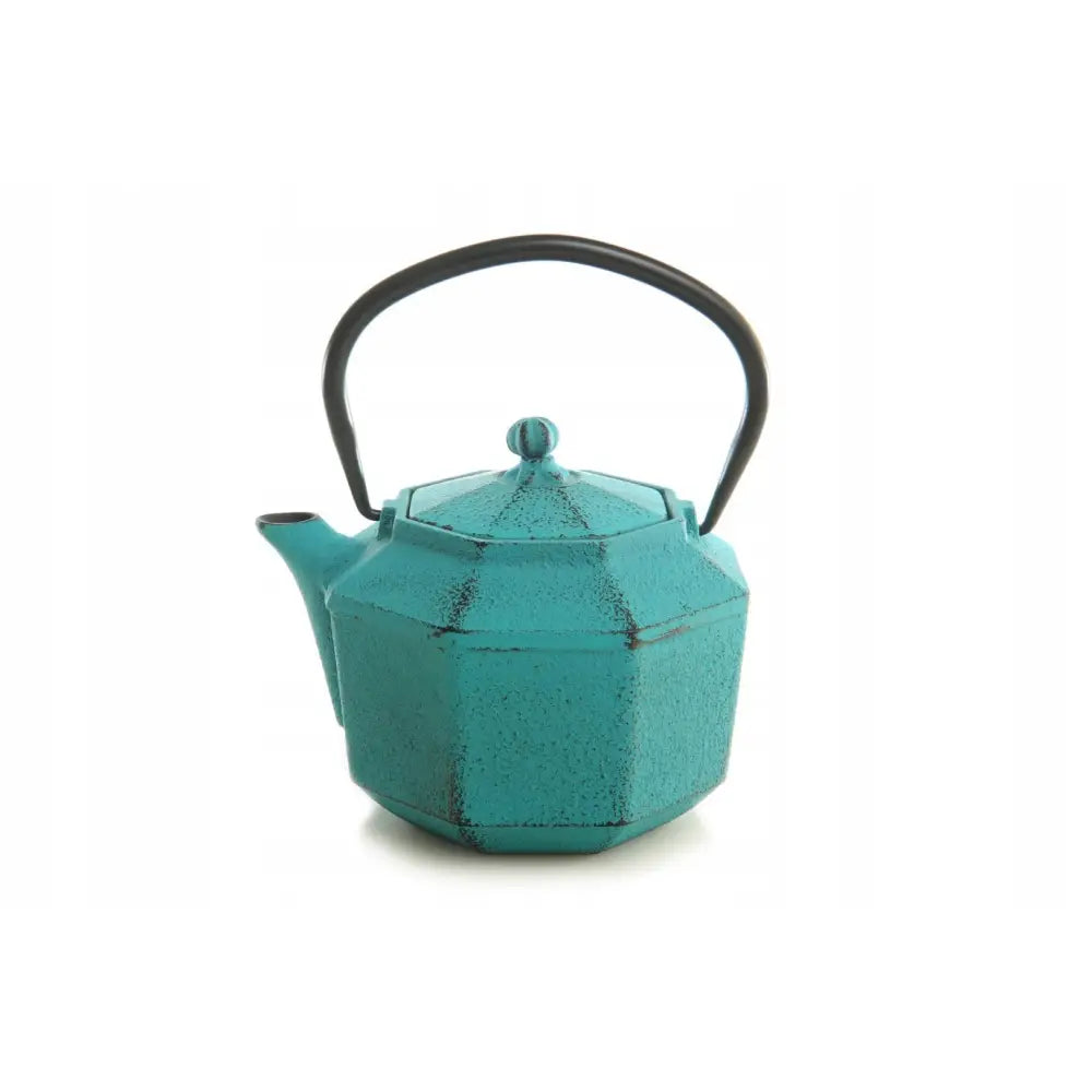 Støpejernskanne i turkis med åttekantet design, sort hank og lokk, avbildet forfra mot hvit bakgrunn.
