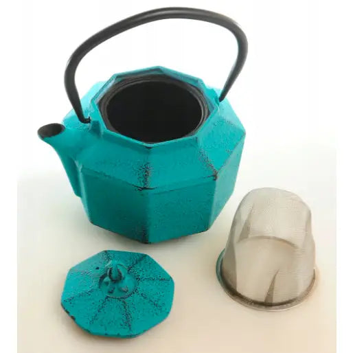 Støpejernskanne i turkis med sort håndtak, avtagbart lokk og metallfilter ved siden av, sett skrått ovenfra.
