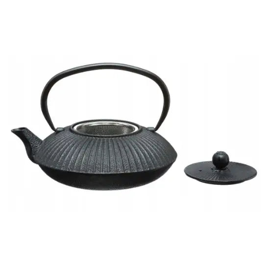 Støpejernstekekanne 800ml, frontvisning med avtakbart lokk og synlig metallfilter ved siden av kannen.