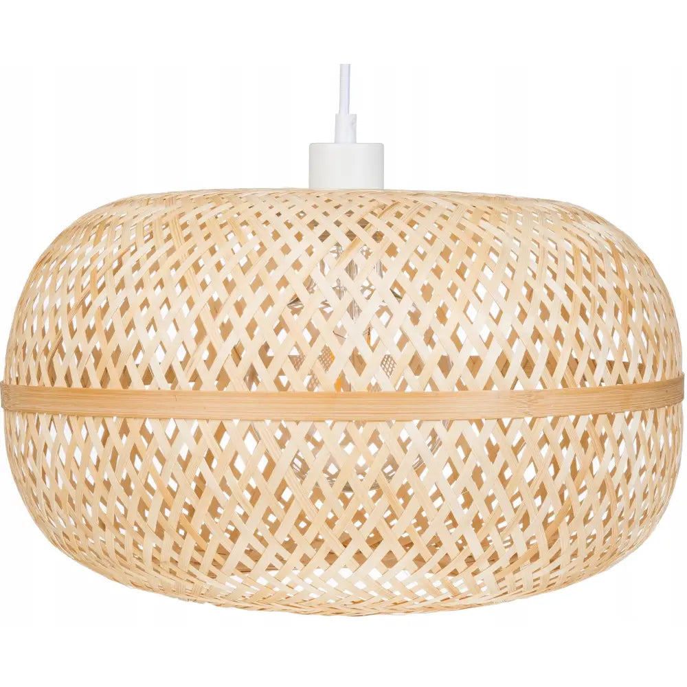 Stor Bambus Boho taklampe i flettet bambus, avlang form med åpent og lyst mønster sett forfra.