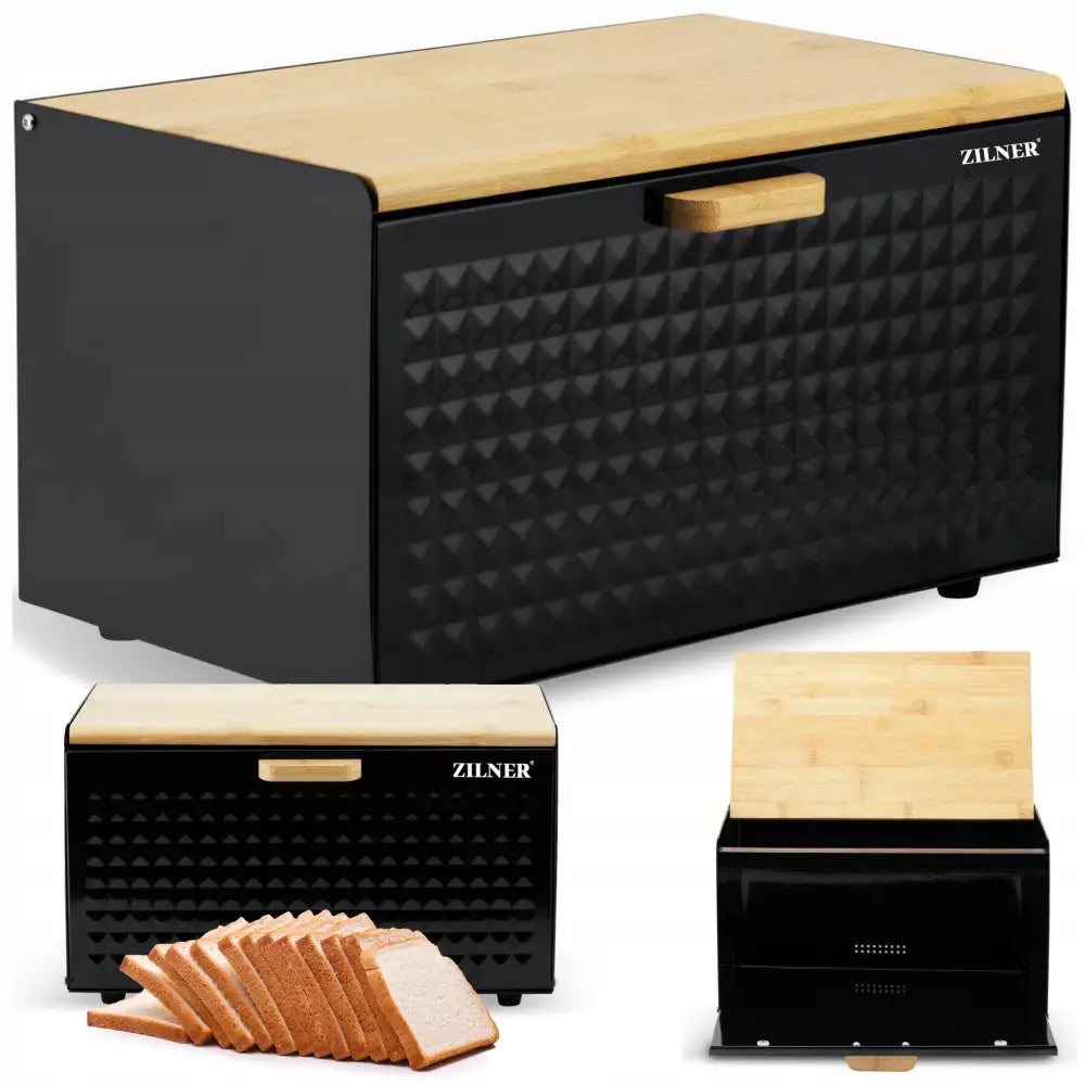 Stor brødboks i svart metall med rillet design og lyst trelokk, vist med åpnet lokk og brødskiver foran.