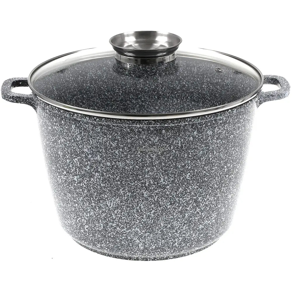 Stor granittgryte 10L med marmormønster, to håndtak og glasslokk med metallknott, sett rett forfra.
