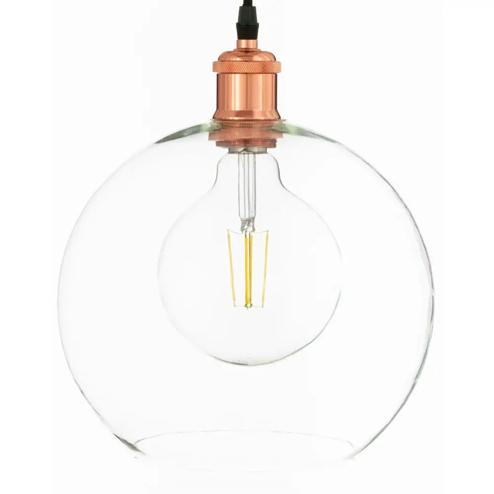 Stor hengende lampe med klar glasskule, synlig LED-pære og rose gold armatur, frontvisning.