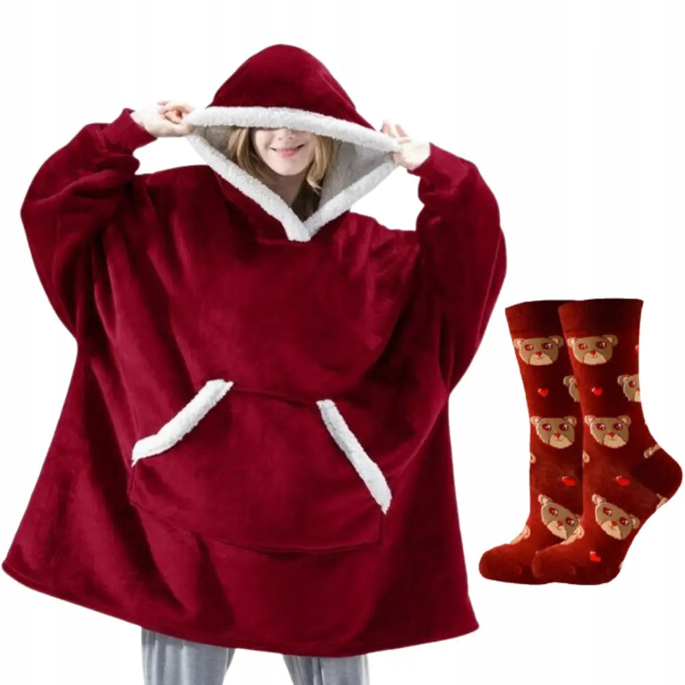 Stor Hettegenser Pledd Kosegenser Gave Varm 2-i-1 Tykk Xxl + Sokker