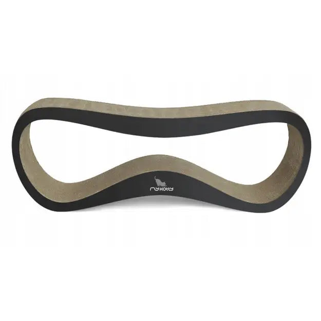 Stor katteklorestativ med seng fra Mykotty, bølgeformet pappdesign med sorte kanter og synlig kattelogo på midten.