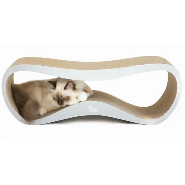 Stor Katteskraper med Seng 75x26x25 cm Mykotty, sidevisning med katt som hviler i det bølgeformede hulrommet.