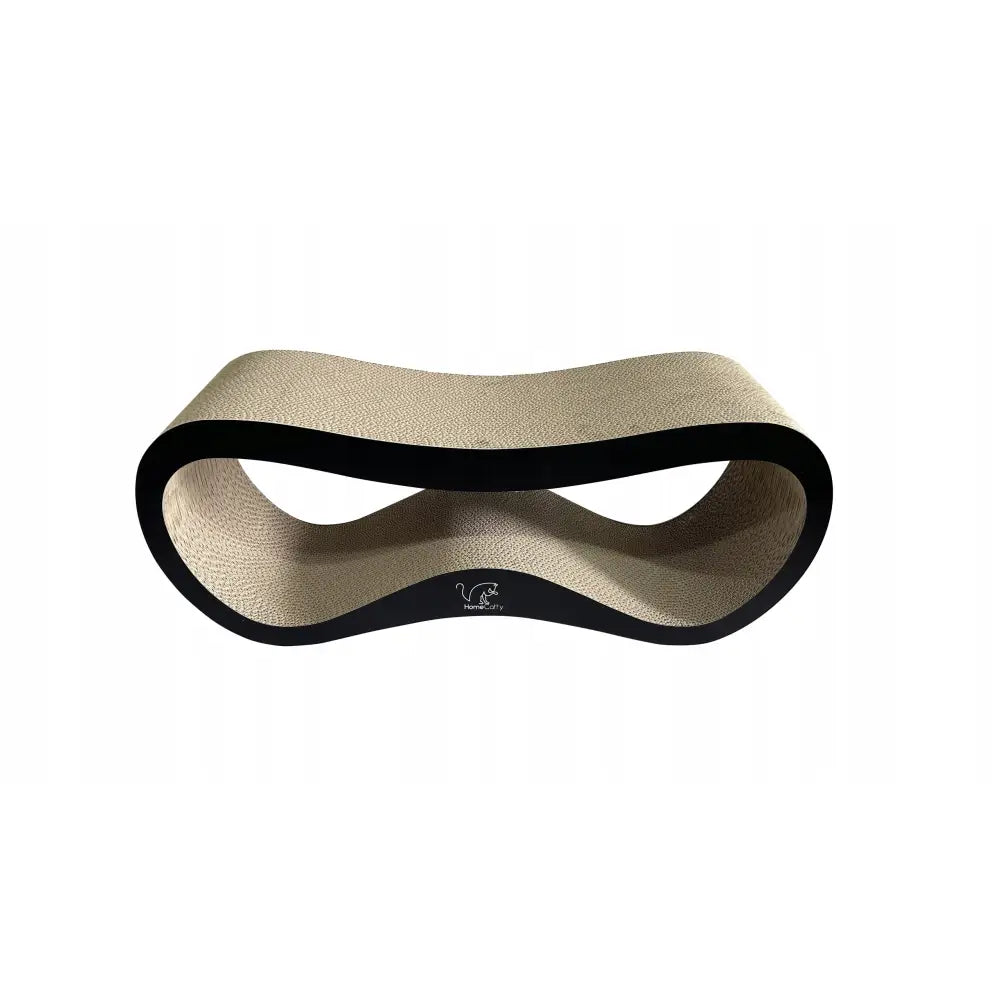 Stor Kattetreklorestativ med seng, bølgeformet pappdesign med svart kant og synlig logo på fronten.