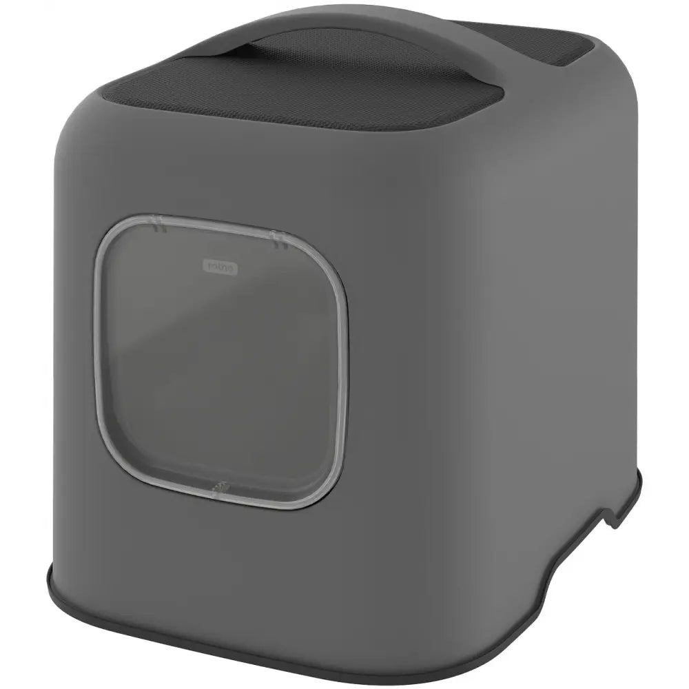 Stor lukket tosidig Rotho kattetoalett i grå plast med avrundede hjørner, sett fra siden med svingdør og bærehåndtak.