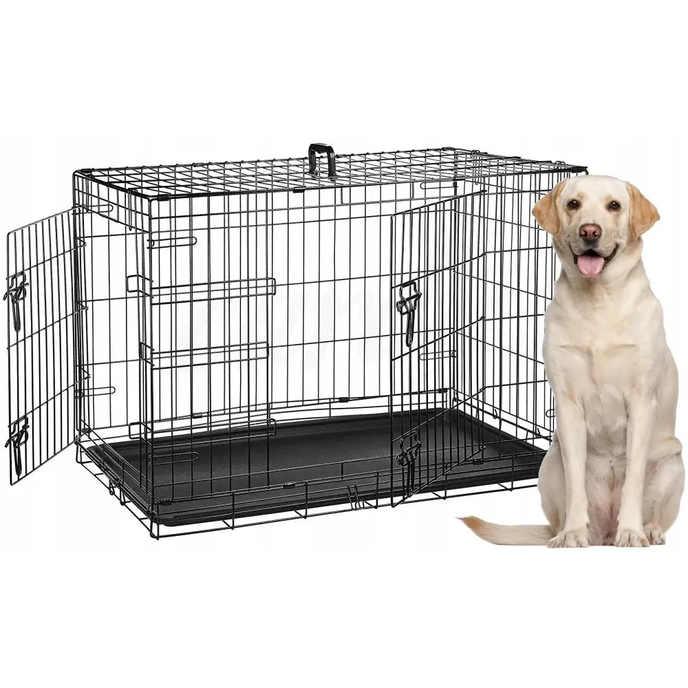 Stor metallbur hundegård 122x76x83 med to åpne dører og uttrekkbar bunn, stor hund ved siden av for størrelsesforhold.