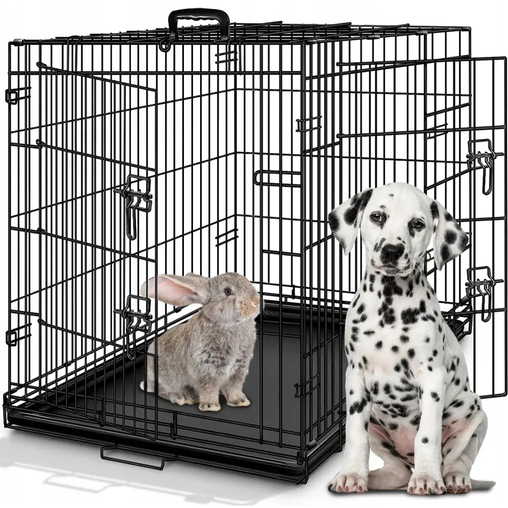Stor Metallbur Kennel Hundegård XL, svart metallbur med håndtak, kanin inni og dalmatiner valp foran, sett fra skrå vinkel.