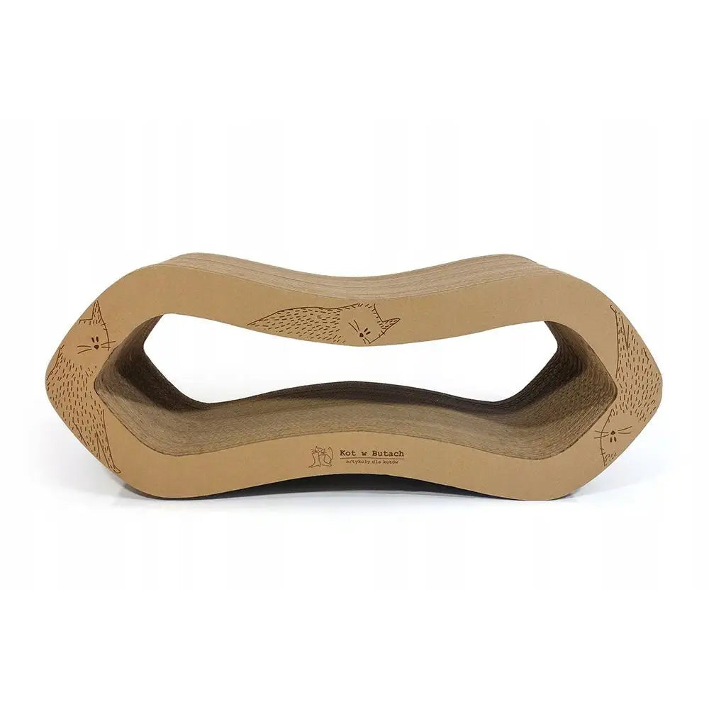 Stor pappkrabbe for katter, bølgeformet klorebrett i brun papp med kattemotiver på sidene og fronten.