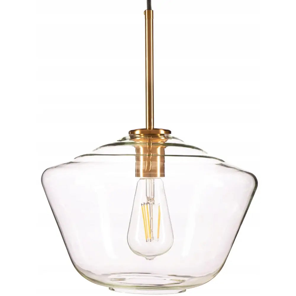 Stor Paris pendellampe i klart glass, frontvisning med messingdetaljer og synlig E27 lyspære.