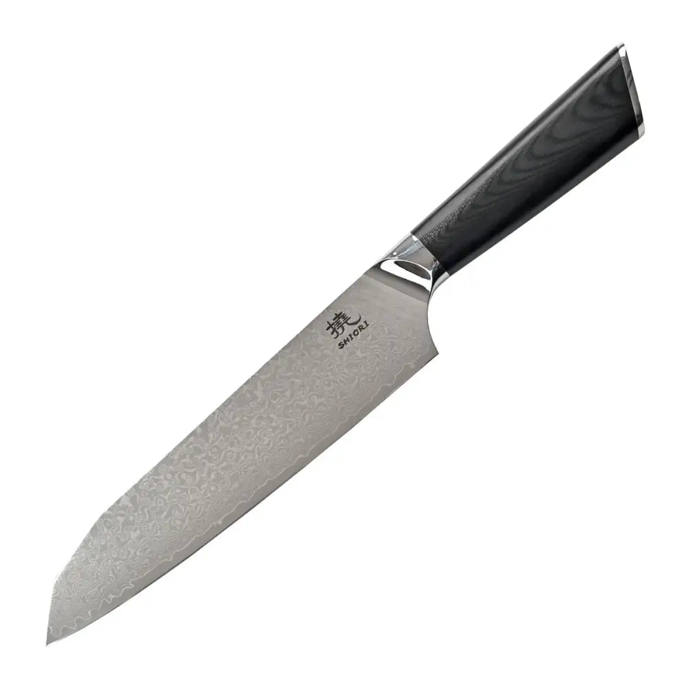 Santoku kjøkkenkniv med damaskmønstret klinge, sort trehåndtak og synlig japansk logo, sidevisning.