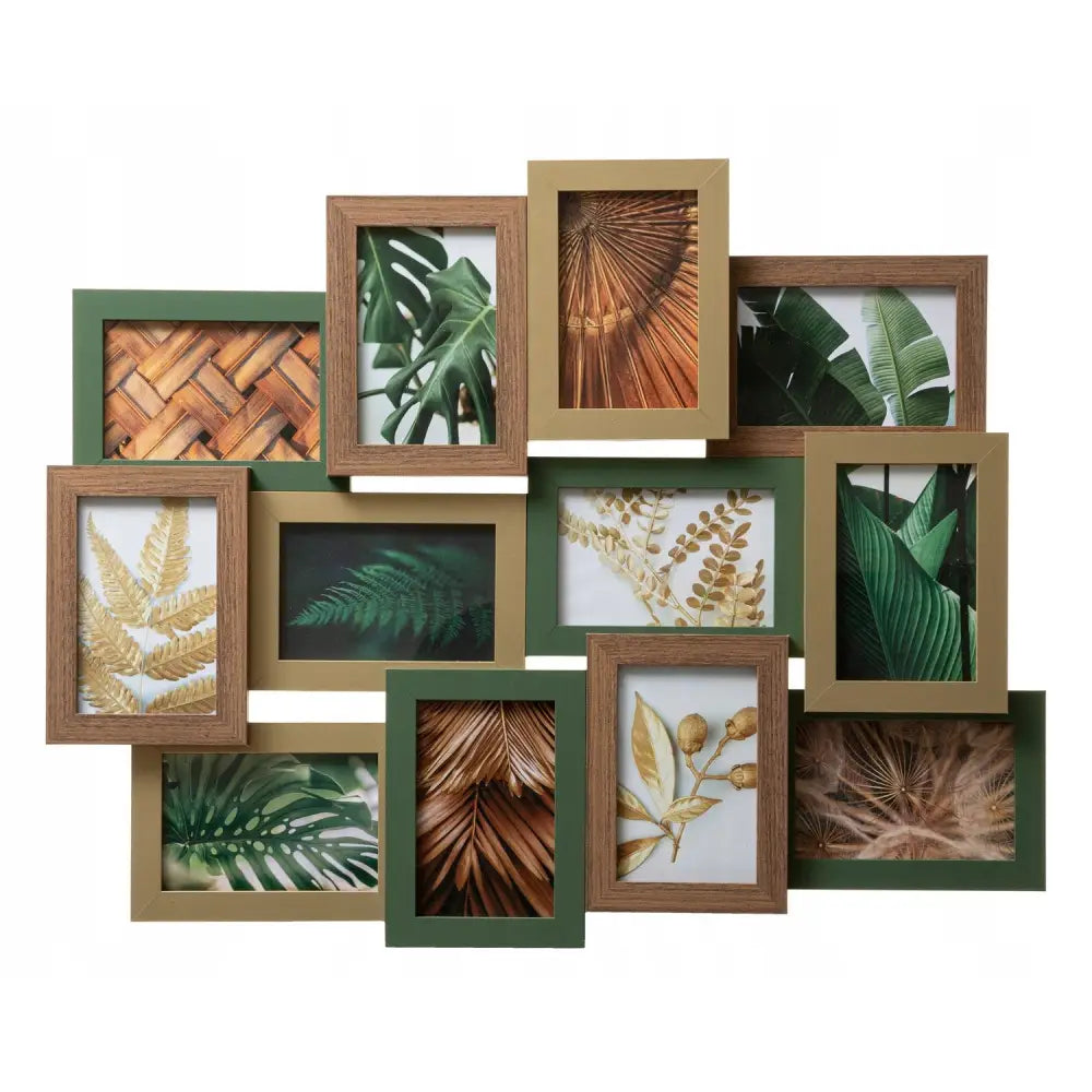 Stor ramme for 12 bilder i boho-stil, veggcollage med botaniske motiver og rammer i grønt, brunt og beige.