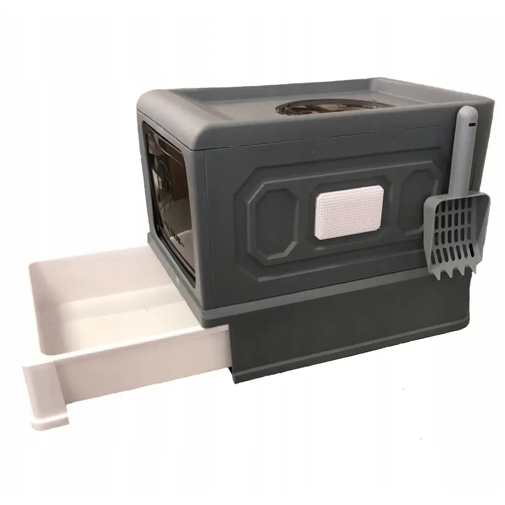 Stor sammenleggbar kattetoalett F050 i grått og hvitt, sidevisning med uttrekkbar skuff, spade og mørk luke.