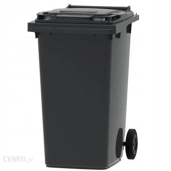 Stor søppelkasse 240 L, mørkegrå plastbeholder med lokk og hjul, skrått mot hvit bakgrunn.