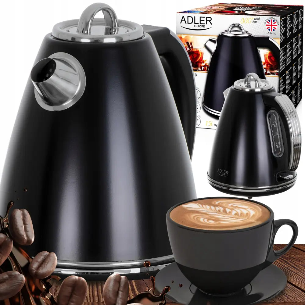 Stor trådløs elektrisk vannkoker i sort og krom, med kaffekopp, kaffebønner og original emballasje.