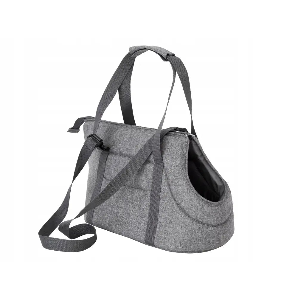 Stor transportveske for hund eller katt R3, grå med sorte detaljer, synlig sideåpning og justerbare skulderremmer.