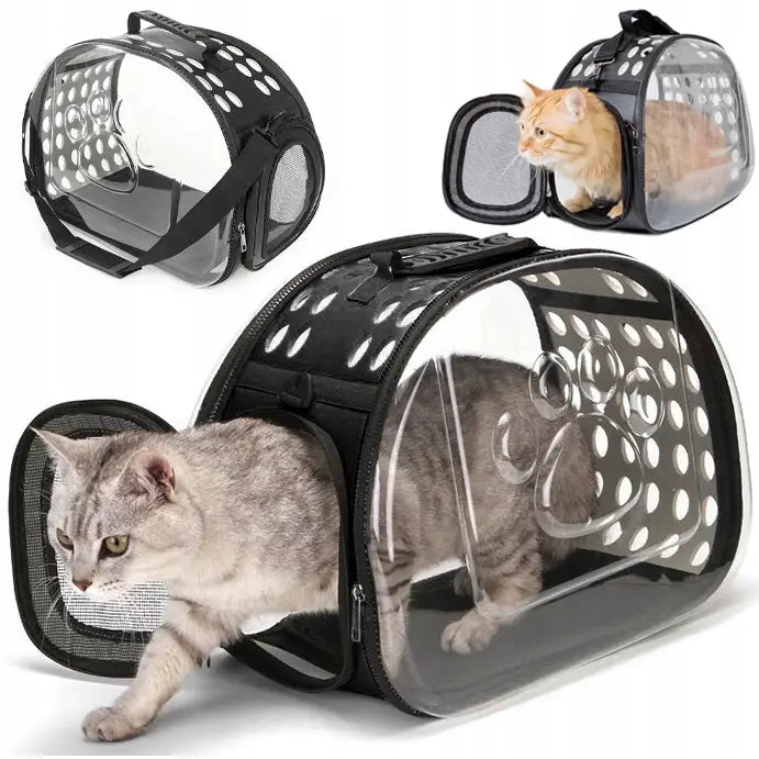 Stor transportveske for kjæledyr, sidevisning med katt som undersøker bagens store vinduer og luftige design.