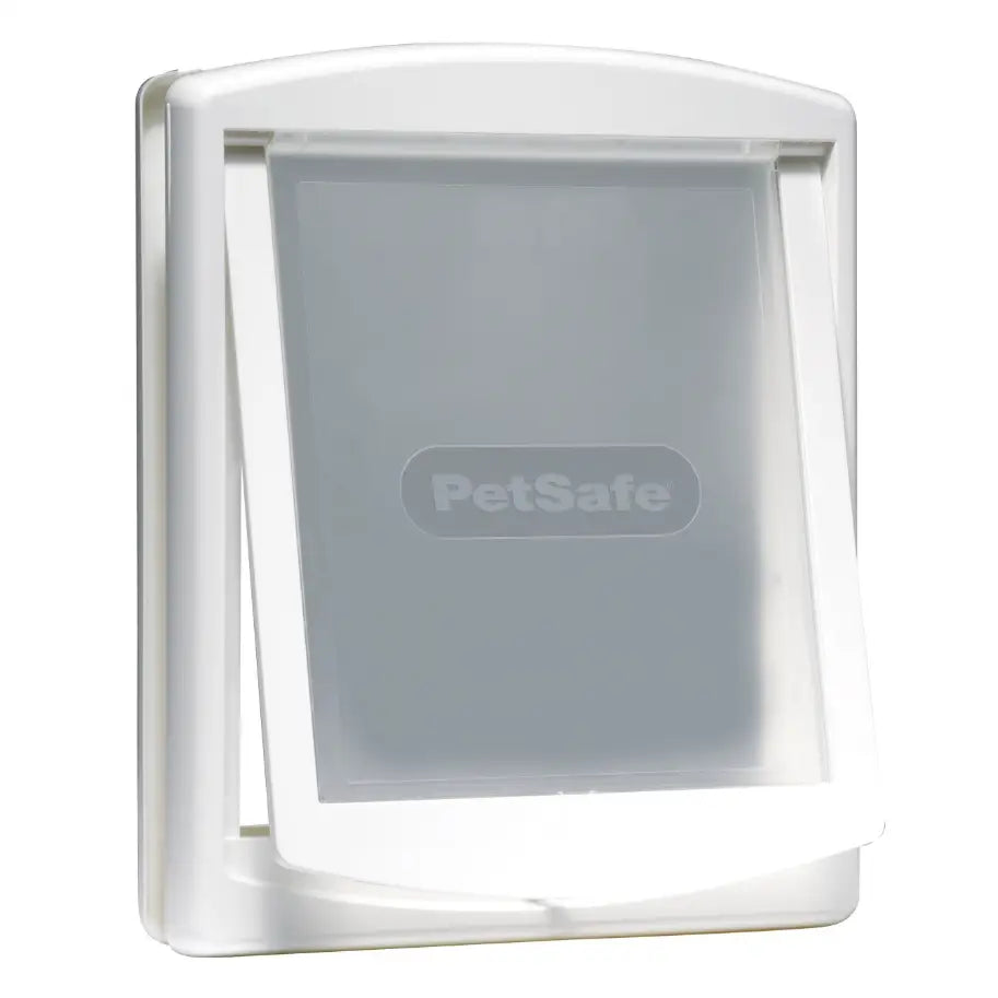 Store Hundeluken Dørpassasje, hvit ramme og gjennomsiktig klaff med PetSafe-logo, frontvisning.