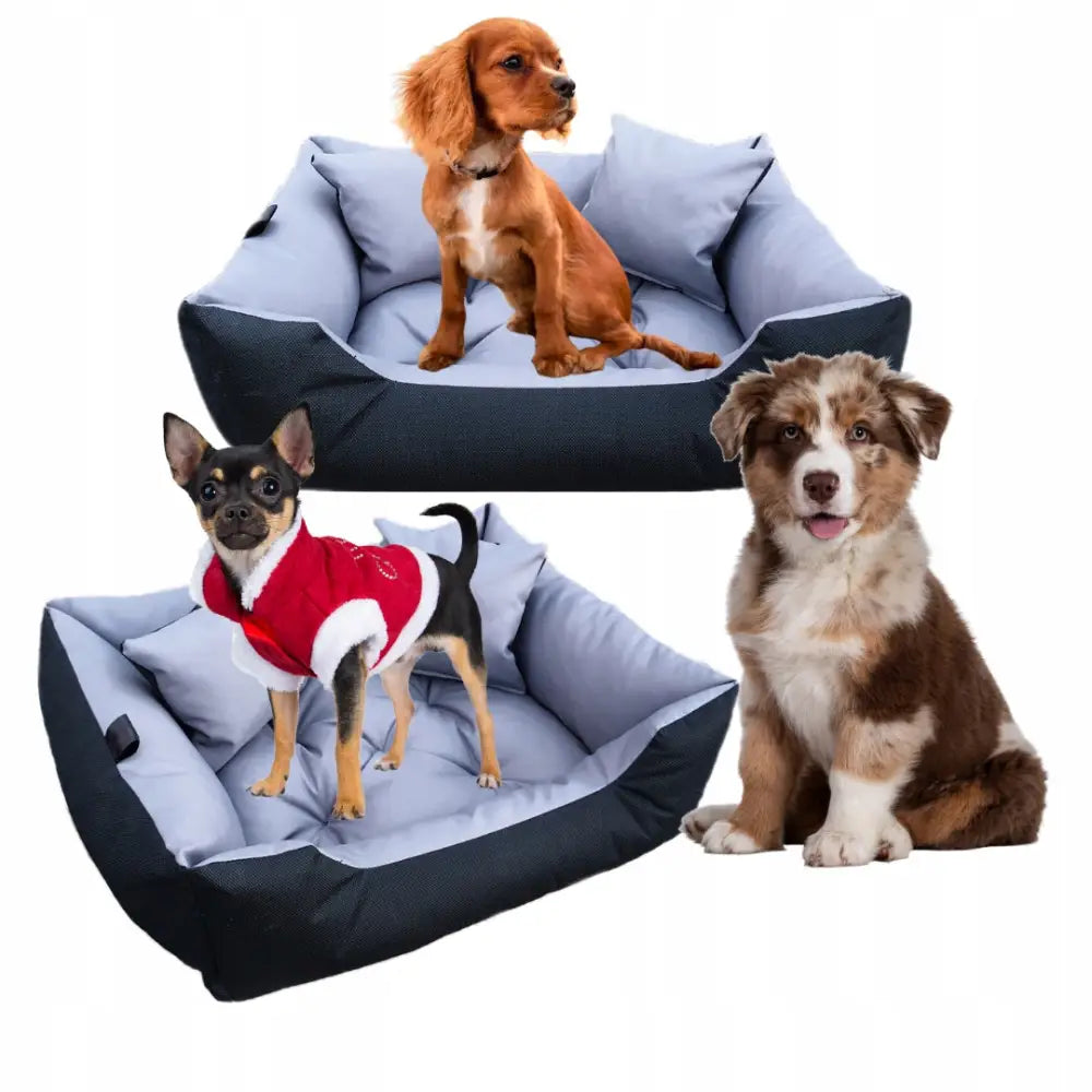 Stor hundeseng lekegrind sofa 130 x 105 cm i grått, med små hunder som demonstrerer plass og komfort.