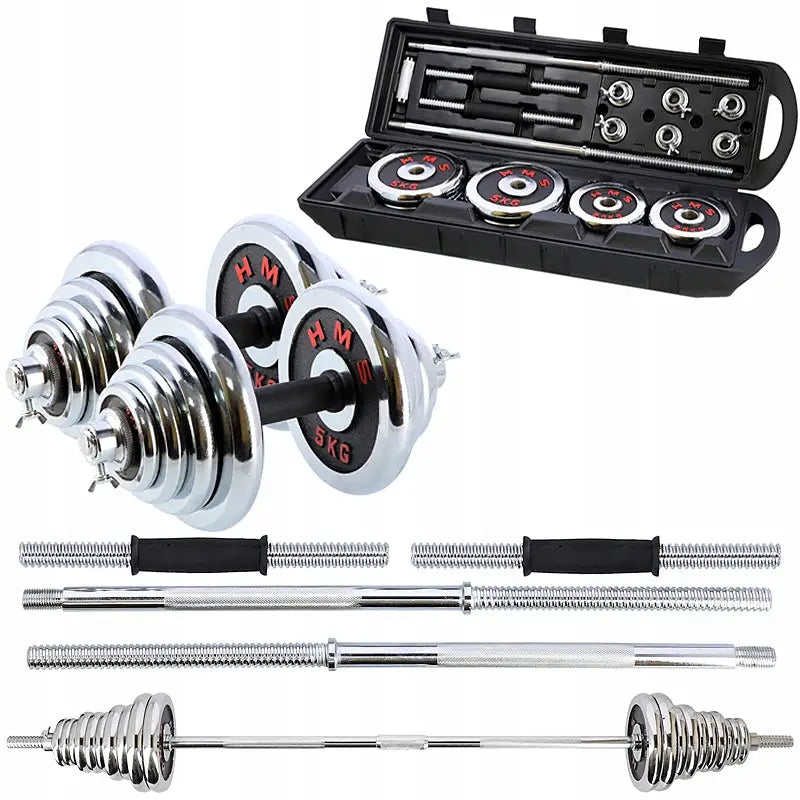 Stort justerbart hantelsett med kromfargede vektskiver og håndtak, organisert i svart koffert, sett ovenfra.