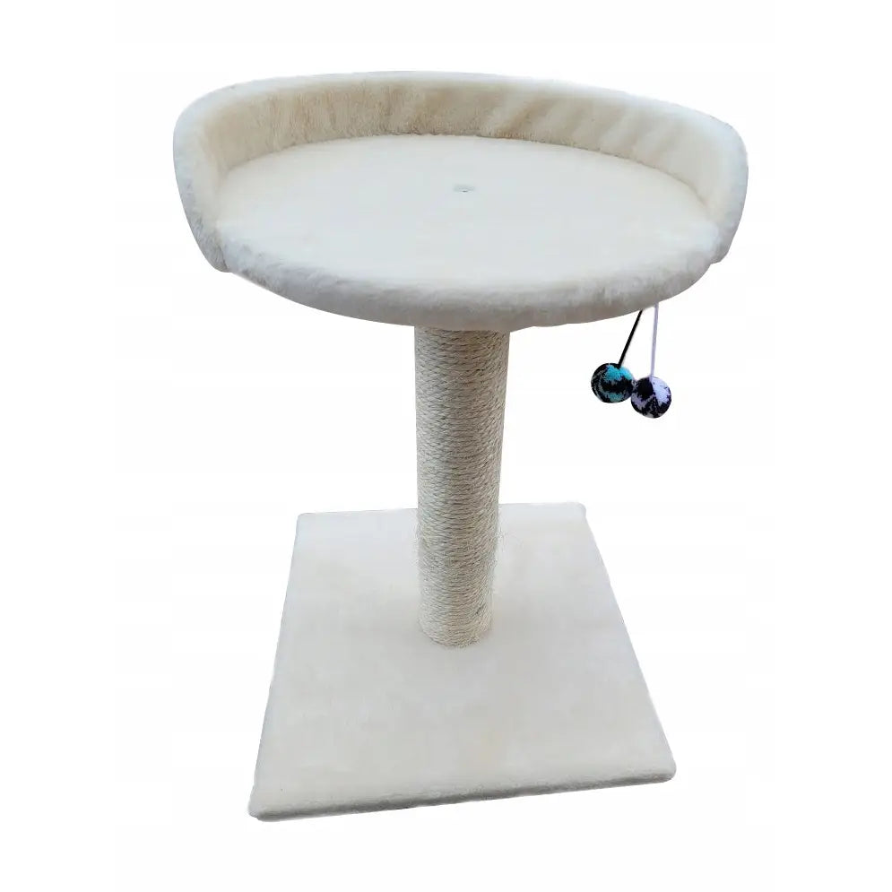 Stort katteklatrestativ Rozeta 3 med rund seng på toppen, solid sisalstolpe og to hengende lekeballer.