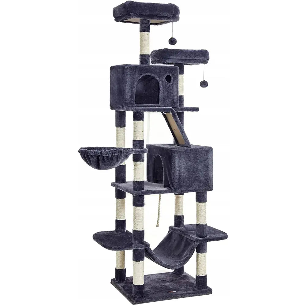 Stort kattetårn med klorestativ i mørkegrått, frontvisning med flere etasjer, hengekøye og sisal-tau på stolpene.