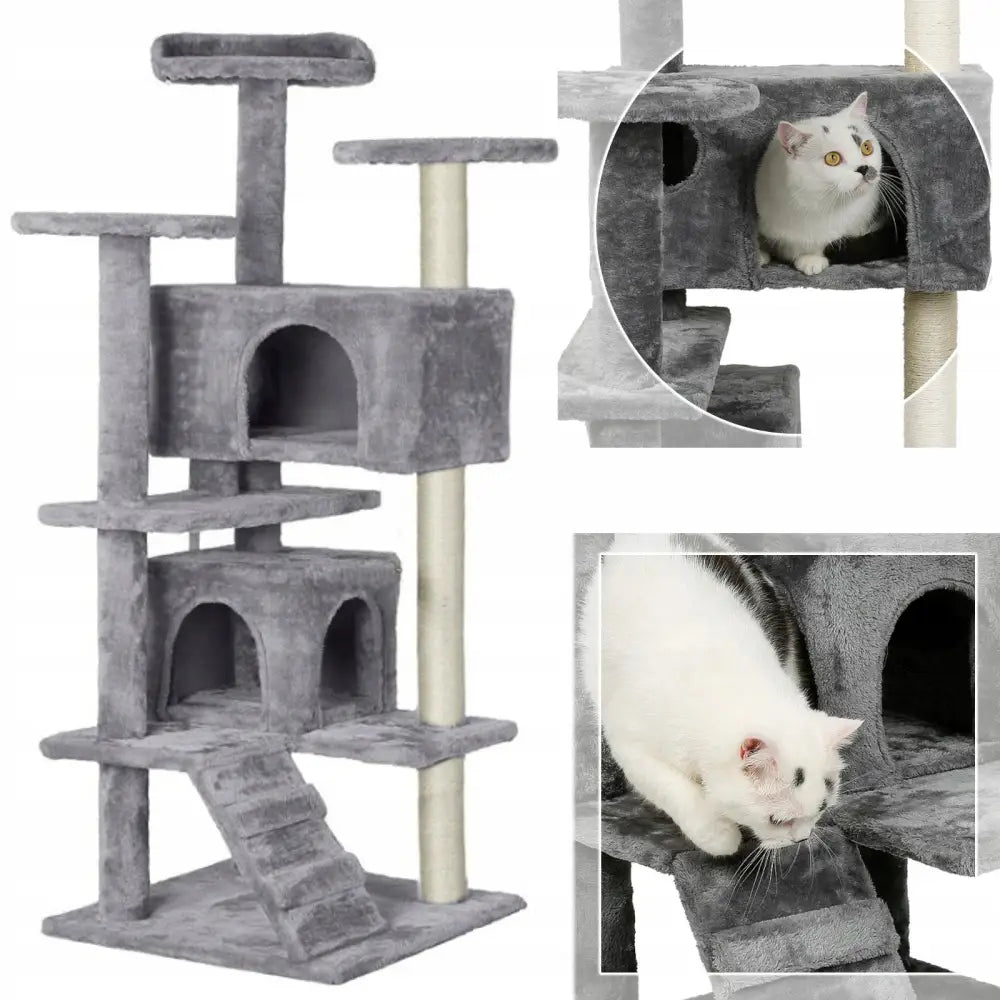 Stort kloretrær for katt i grå plysj, med flere etasjer, klorestolper, plattformer og katter som leker og hviler.